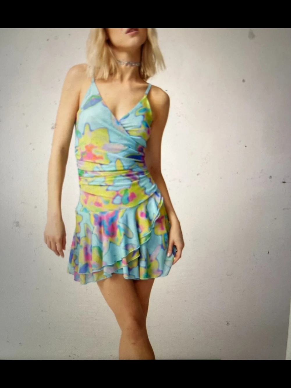 silence + noise Pastel Blue Tie-Dye Mesh Ruffle Mini Dress